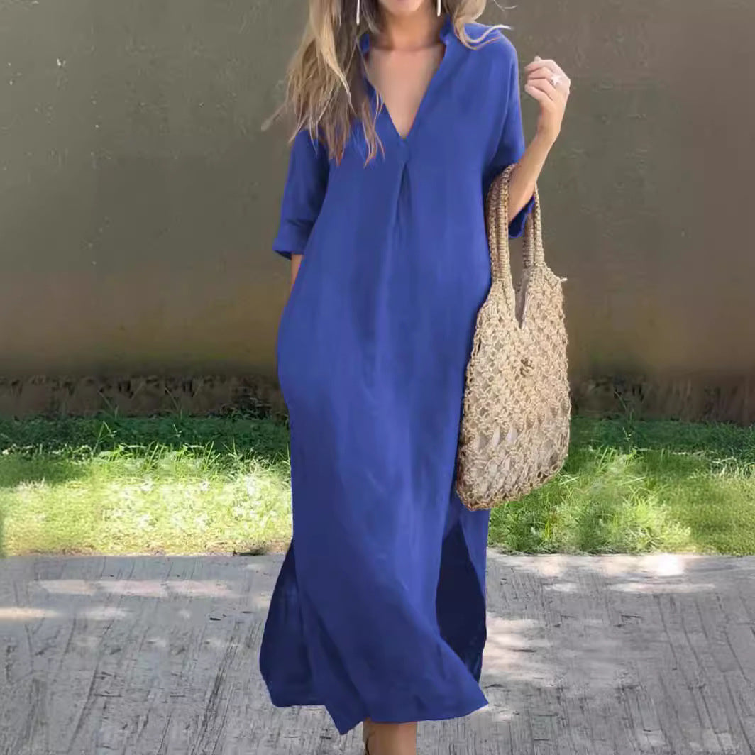 ✨👗【S–3XL】Hosszú, V-nyakú, hasítékos vászonruha, kényelmes és könnyű nyári viselet.