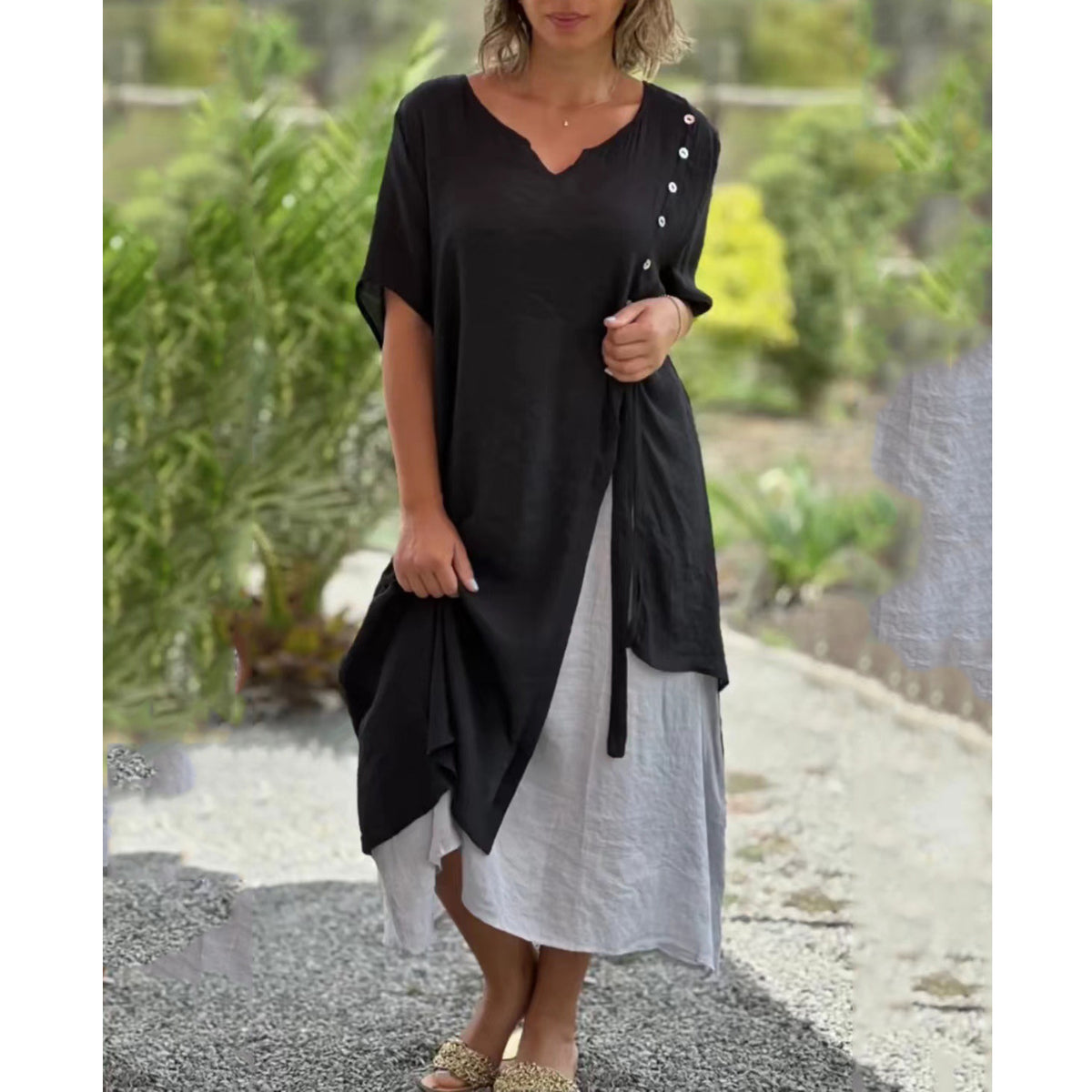 【S-4XL】Divatos V-nyakú hamis kétrészes szabálytalan ruha