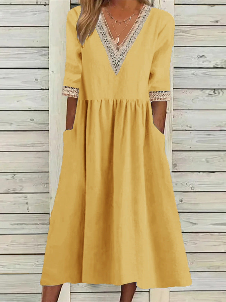 👗✨【S-2XL】Ljetna modna haljina od pamuka i lana s čipkastim ovratnikom