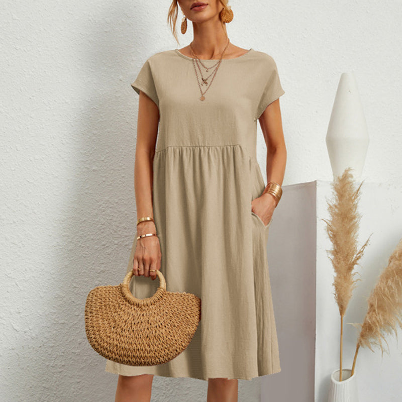 ✨🌼【S-5XL】Női ruha, pamut, len, kerek nyakkivágással