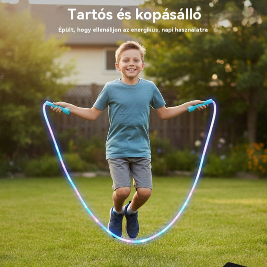 🌟✨ LED-es világítású ugrókötél – 3 állítható üzemmóddal és ütésálló kialakítással a hosszan tartó szórakozásért! 💡🏃♀️ Tökéletes szabadtéri tevékenységekhez, fenntartható újratölthető akkumulátorral. 🌿