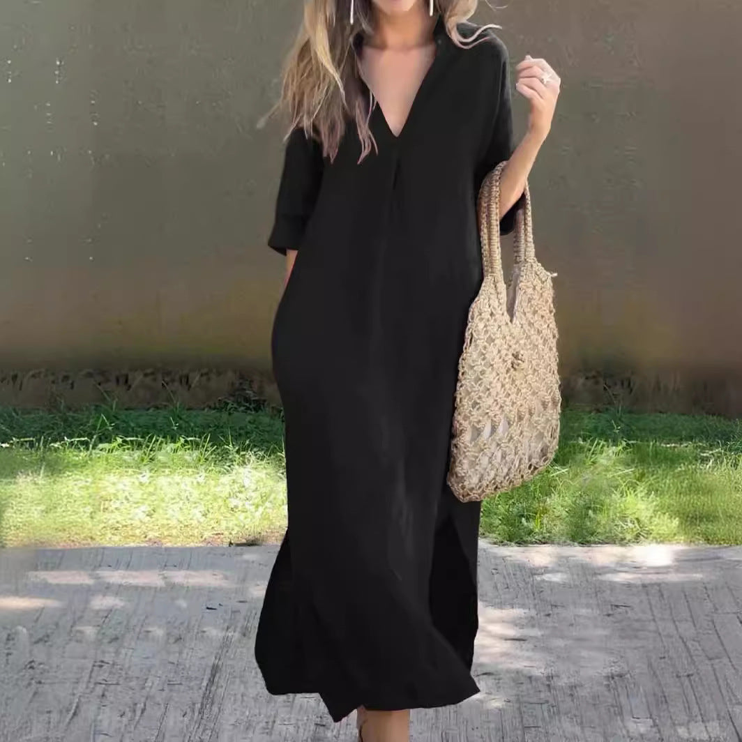 ✨👗【S–3XL】Hosszú, V-nyakú, hasítékos vászonruha, kényelmes és könnyű nyári viselet.