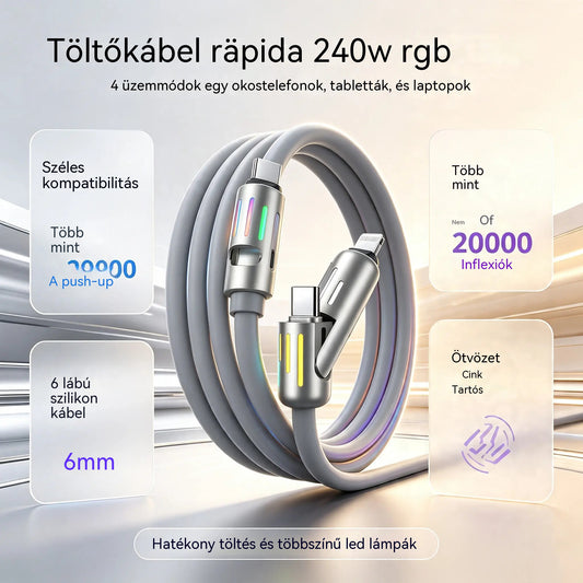 🔥【2 db 9000 Ft】🔥(2 méter hosszú) 4 az 1-ben PD 240W kábel - Gyors USB-C, Lightning és USB-A töltés, alumínium és szilikon kivitel, adatátvitel ⚡📱