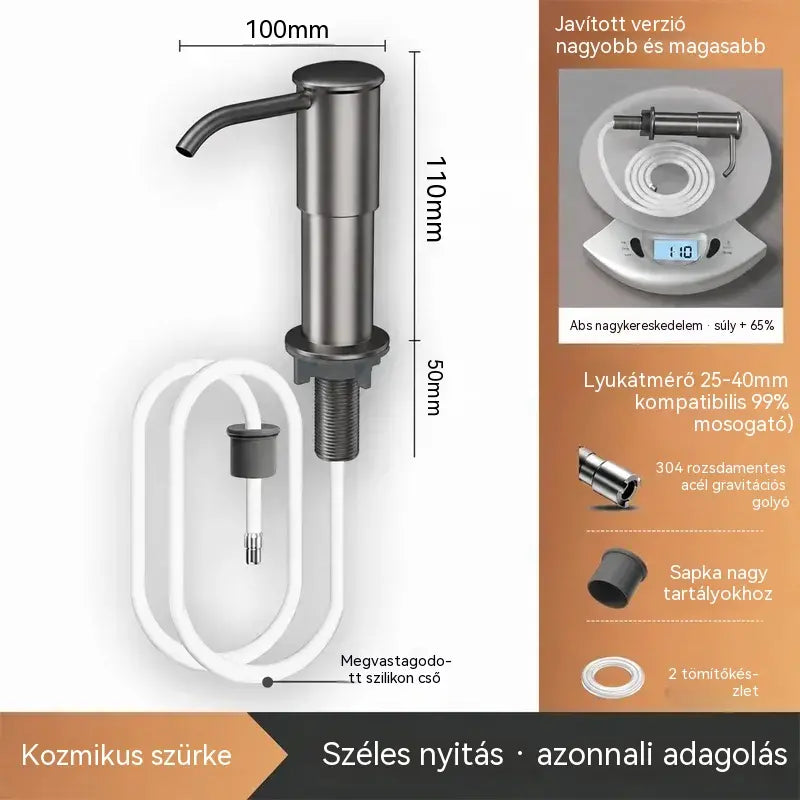 Beépített szappan- és mosószeradagoló konyhai mosogatóba, prémium rozsdamentes acélból készült, közvetlenül az üvegre öblítő, kihúzható csővel és 304-es gravitációs golyóval, gyors pumpálással