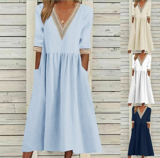 👗✨【S-2XL】Ljetna modna haljina od pamuka i lana s čipkastim ovratnikom