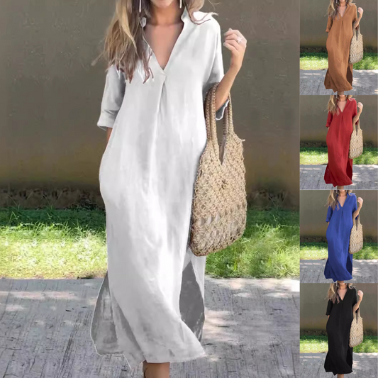 ✨👗【S–3XL】Hosszú, V-nyakú, hasítékos vászonruha, kényelmes és könnyű nyári viselet.