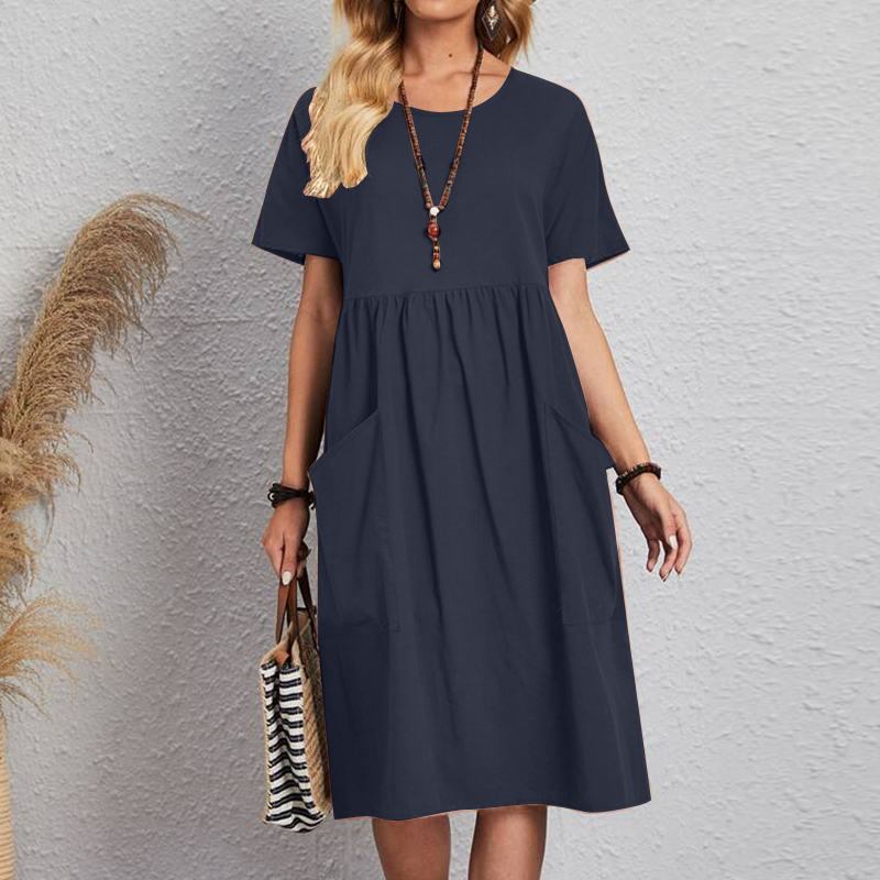 👗【S~5XL】Nova ljetna haljina kratkih rukava s okruglim, pamuka i lana, udobna i prozračna.