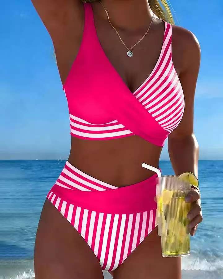 【40–100 kg】Dvodelni bikini z barvitimi bloki in črtami