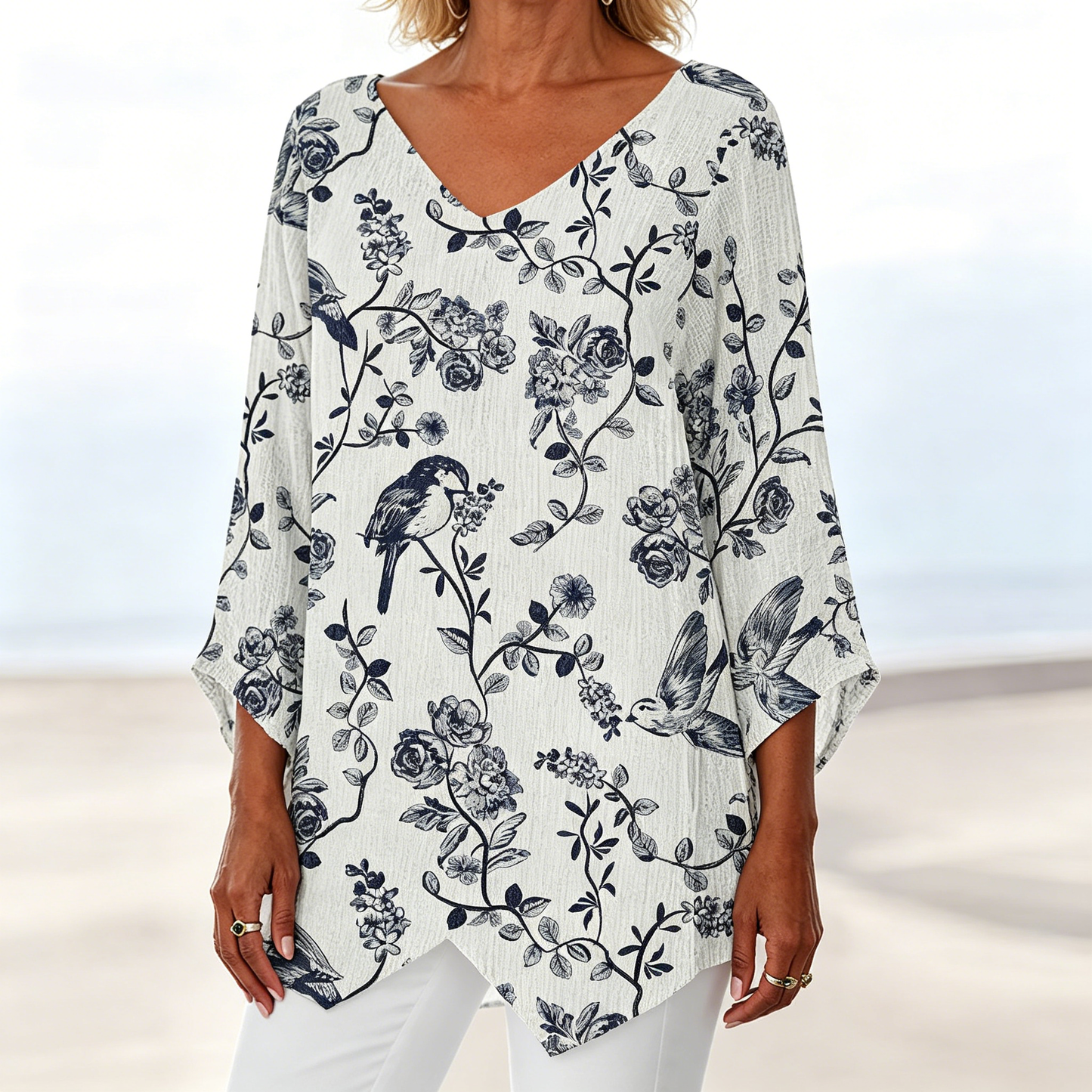 ⏳ Utolsó nap – 50% kedvezmény 😍【S~5XL】Női V-nyakú mintás alkalmi hosszú ujjú felső, 3/4 ujjú