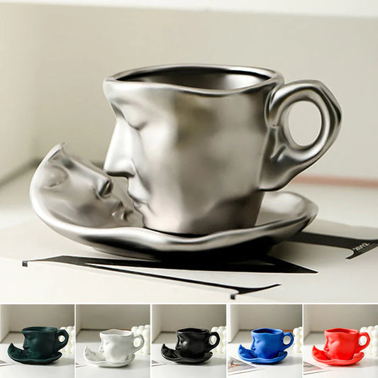 🥂😜 Metalowy, kreatywny ceramiczny kubek do kawy z pocałunkiem i twarzą dotykającą twarzy