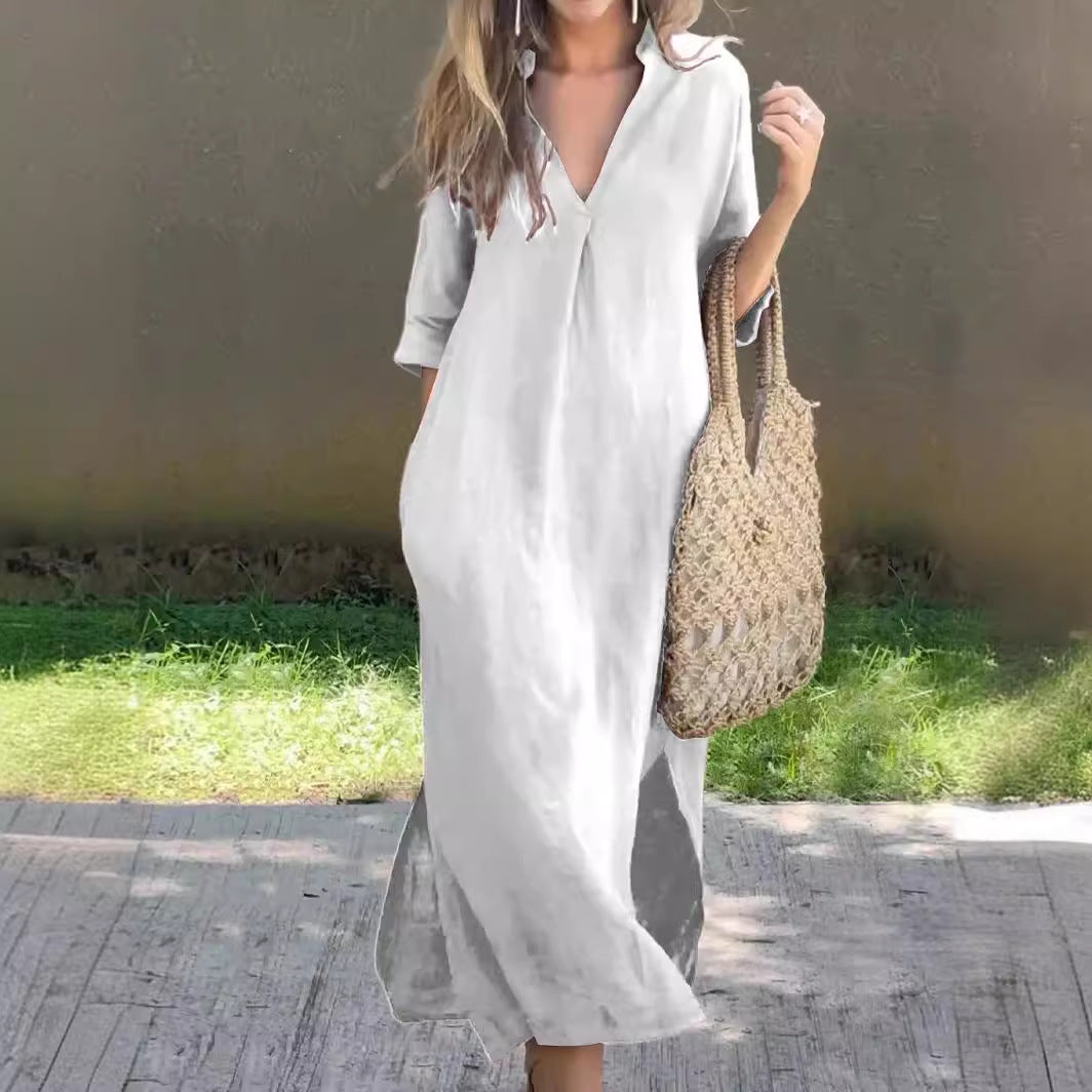 ✨👗【S–3XL】Hosszú, V-nyakú, hasítékos vászonruha, kényelmes és könnyű nyári viselet.