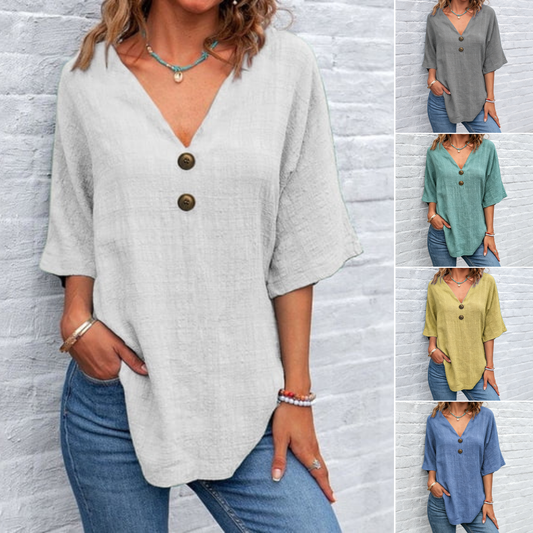 【S-3XL】Új női alkalmi V nyakú rövid ujjú felső, pamut-len keverék, egyszerű és elegáns
