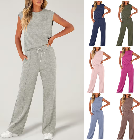 💎Korlátozott ideig 50% kedvezmény🧥Elegáns női egyszínű alkalmi szett, ujjatlan felsővel és magas derekú bő szárú nadrággal