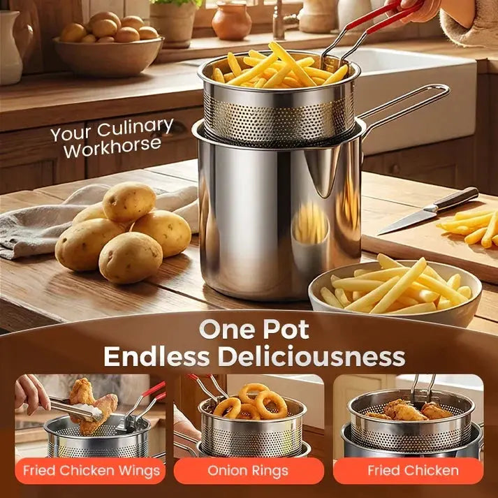 Rozsdamentes acél mini fritőz sütőkosárral – Kompakt, olajtakarékos és nem fröccsen! 🍟🍗