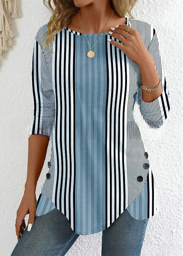 👕50% kedvezmény【S-3XL】Női kerek nyakú csíkos alkalmi póló