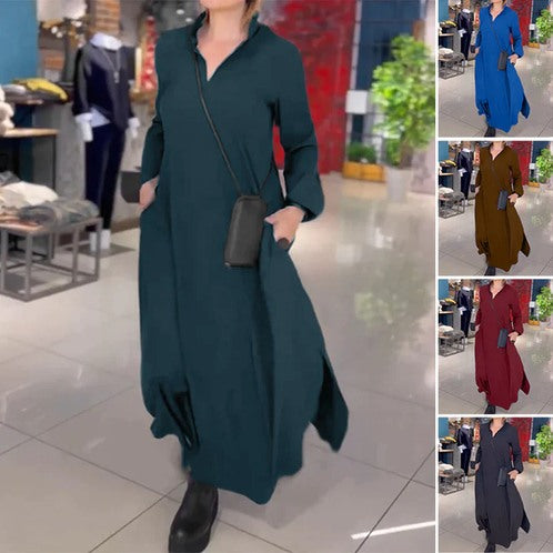 💟【S-3XL】Egyszínű, lezser ruha V-nyakkal és hosszú ujjakkal