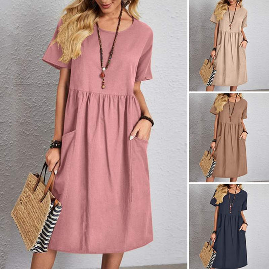 👗【S~5XL】Nova ljetna haljina kratkih rukava s okruglim, pamuka i lana, udobna i prozračna.