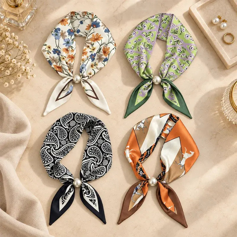 ✨ 4 darabos keskeny selyemsál-szett – Elegancia és kifinomultság tavaszra-nyárra! Finom anyag, sokoldalú felhasználás – ideális nyakra, hajba vagy kézitáskára!