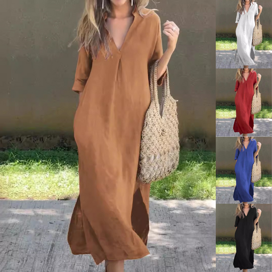✨👗【S–3XL】Hosszú, V-nyakú, hasítékos vászonruha, kényelmes és könnyű nyári viselet.
