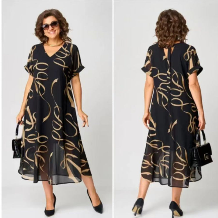 ❤️50% kedvezmény🔥💖【S-5XL】Elegáns hosszú, mintás rövid ujjú ruha