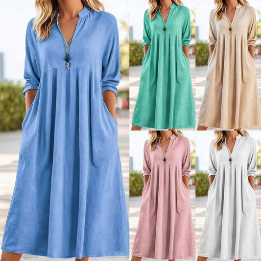 💃【50% kedvezmény】Új divatos retro pamut-len ruha V-nyakkivágással