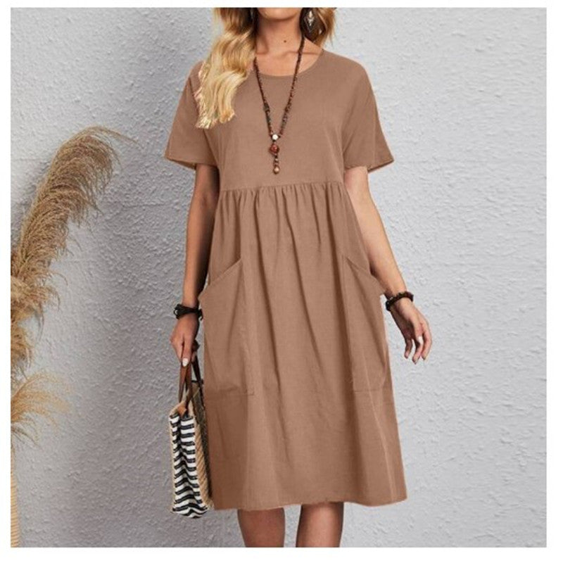 👗【S~5XL】Nova ljetna haljina kratkih rukava s okruglim, pamuka i lana, udobna i prozračna.