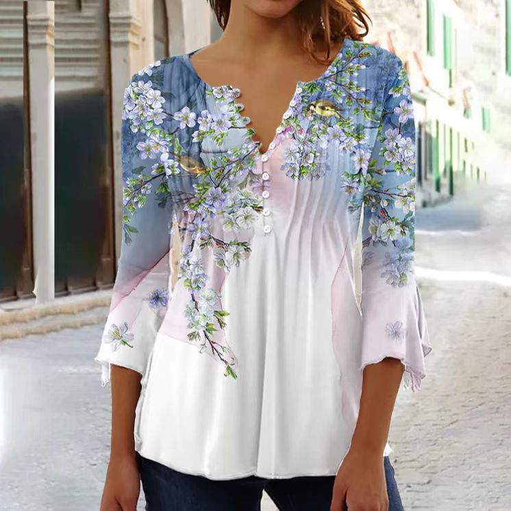 【😍Korlátozott idejű ajánlat】【S-5XL】Női divatos V-nyakú nyomtatott póló
