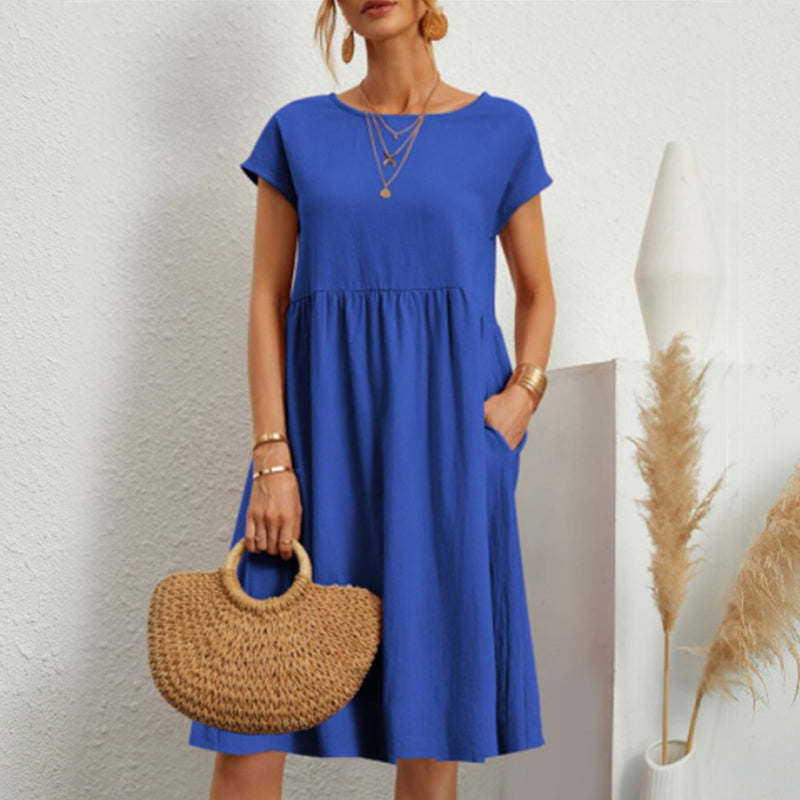 ✨🌼【S-5XL】Női ruha, pamut, len, kerek nyakkivágással