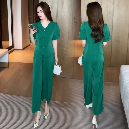 【Top + spodnie z szerokimi nogawkami】Modny garnitur z lodowego jedwabiu