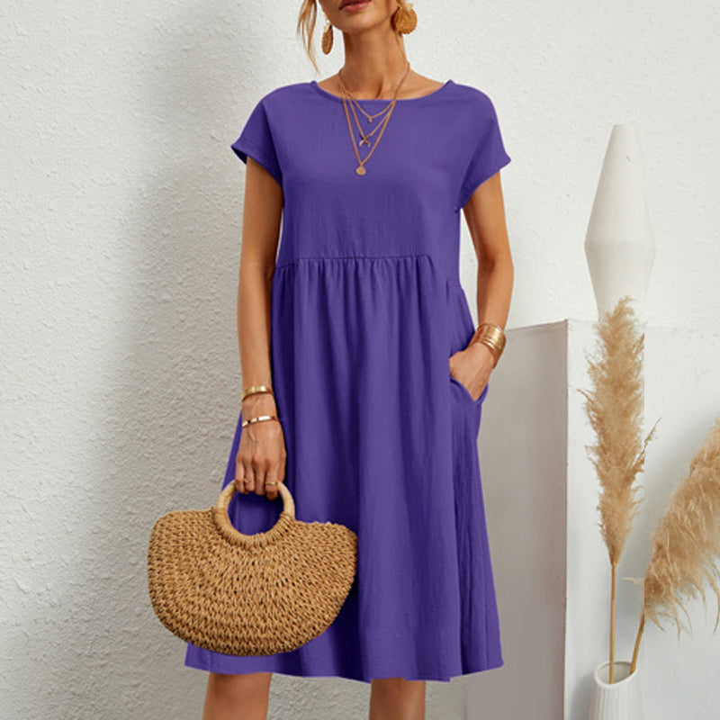 ✨🌼【S-5XL】Női ruha, pamut, len, kerek nyakkivágással