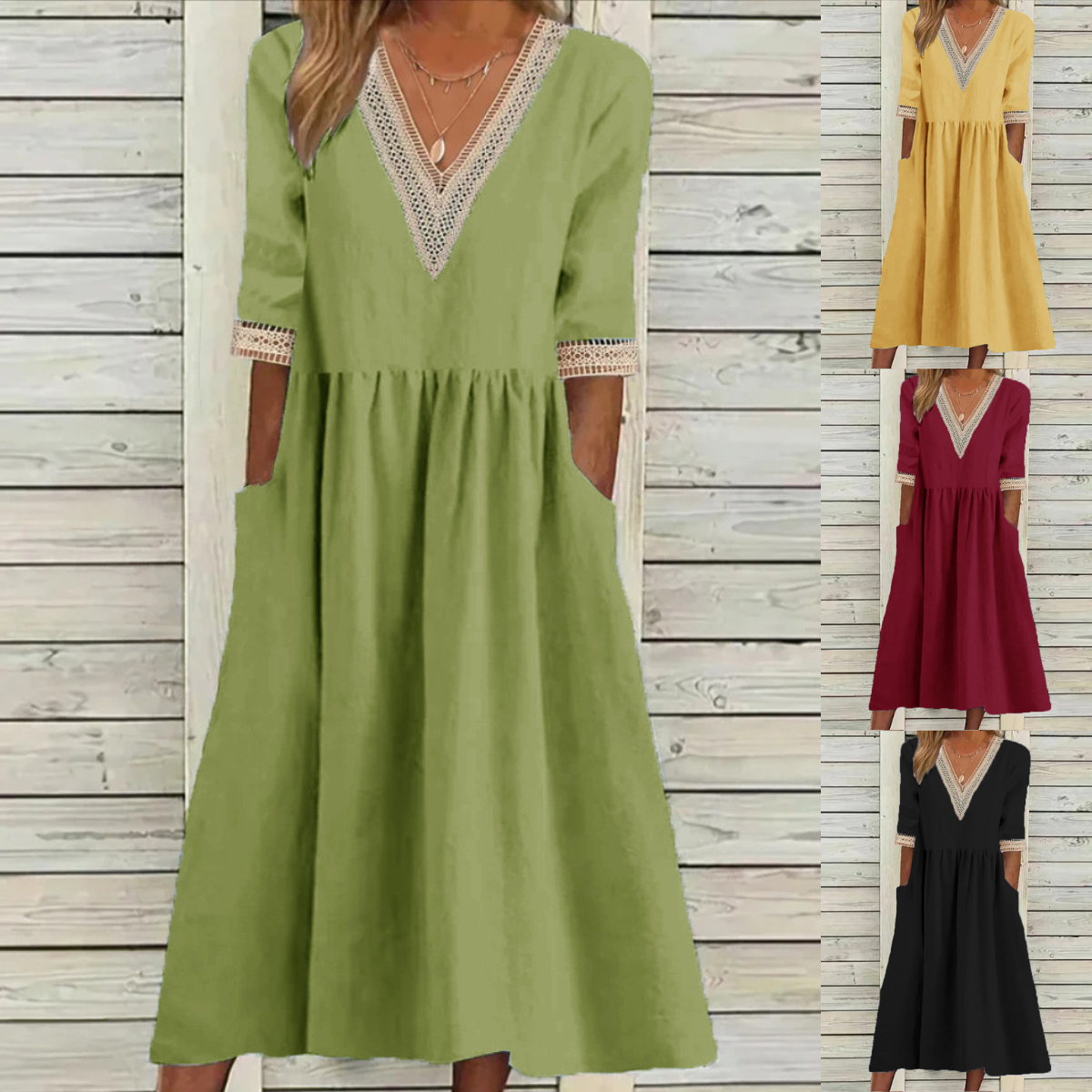 👗✨【S-2XL】Ljetna modna haljina od pamuka i lana s čipkastim ovratnikom