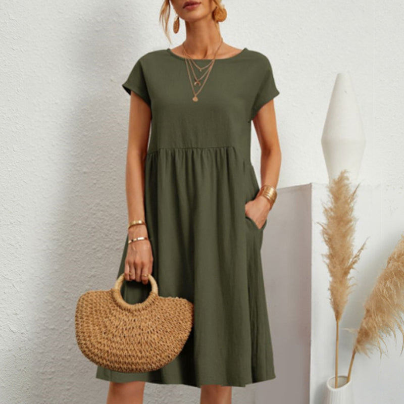 ✨🌼【S-5XL】Női ruha, pamut, len, kerek nyakkivágással