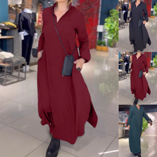💟【S-3XL】Egyszínű, lezser ruha V-nyakkal és hosszú ujjakkal