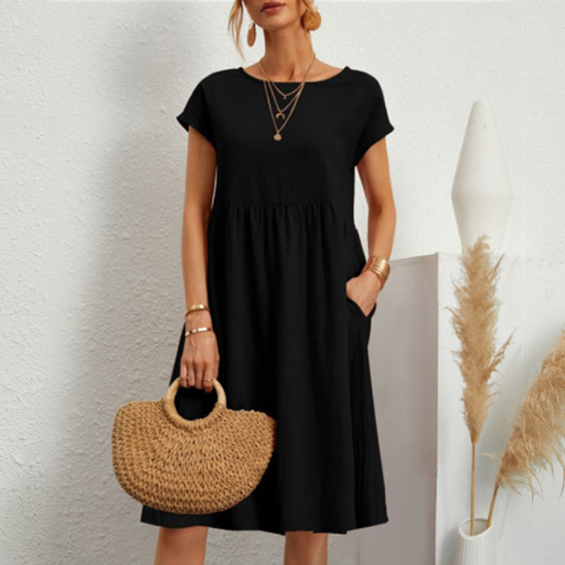 ✨🌼【S-5XL】Női ruha, pamut, len, kerek nyakkivágással