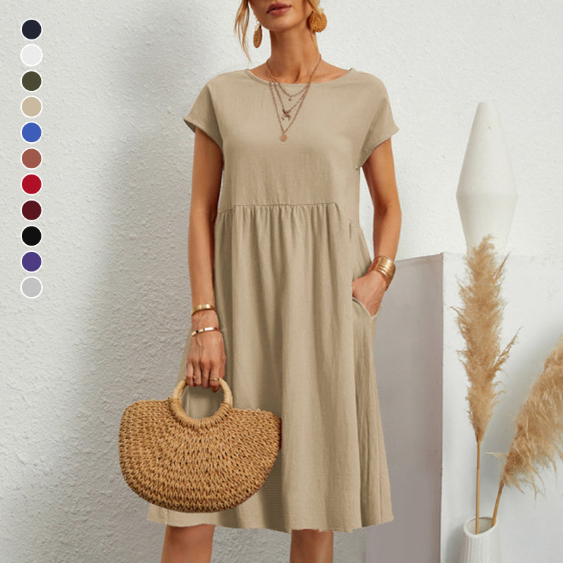 ✨🌼【S-5XL】Női ruha, pamut, len, kerek nyakkivágással