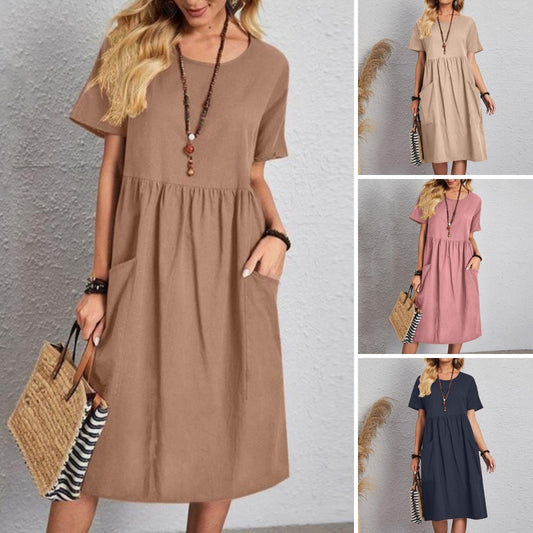 👗【S~5XL】Nova ljetna haljina kratkih rukava s okruglim, pamuka i lana, udobna i prozračna.