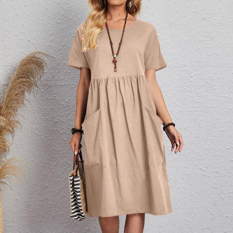👗【S~5XL】Nova ljetna haljina kratkih rukava s okruglim, pamuka i lana, udobna i prozračna.