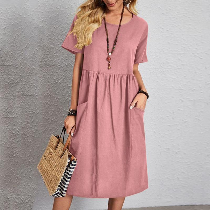 👗【S~5XL】Nova ljetna haljina kratkih rukava s okruglim, pamuka i lana, udobna i prozračna.
