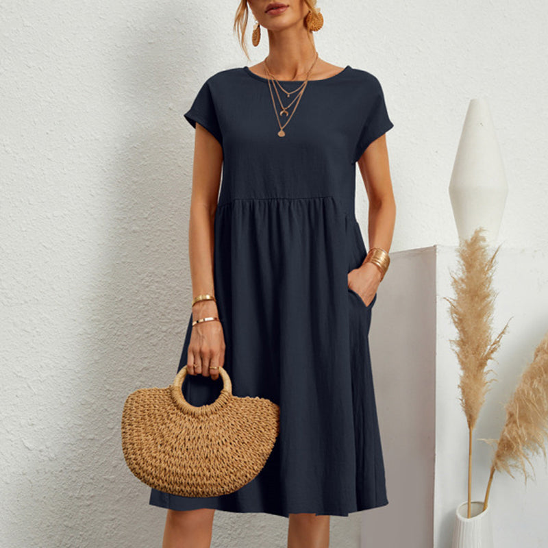 ✨🌼【S-5XL】Női ruha, pamut, len, kerek nyakkivágással