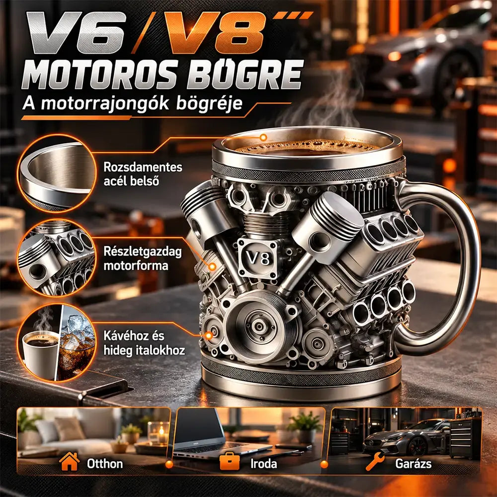 🎁☕ Kreatív V6/V8 motoros rozsdamentes acél kávés bögre