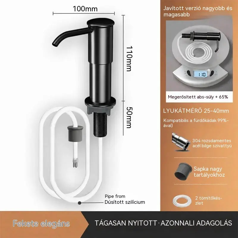Beépített szappan- és mosószeradagoló konyhai mosogatóba, prémium rozsdamentes acélból készült, közvetlenül az üvegre öblítő, kihúzható csővel és 304-es gravitációs golyóval, gyors pumpálással