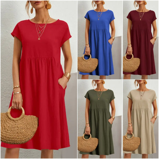 ✨🌼【S-5XL】Női ruha, pamut, len, kerek nyakkivágással