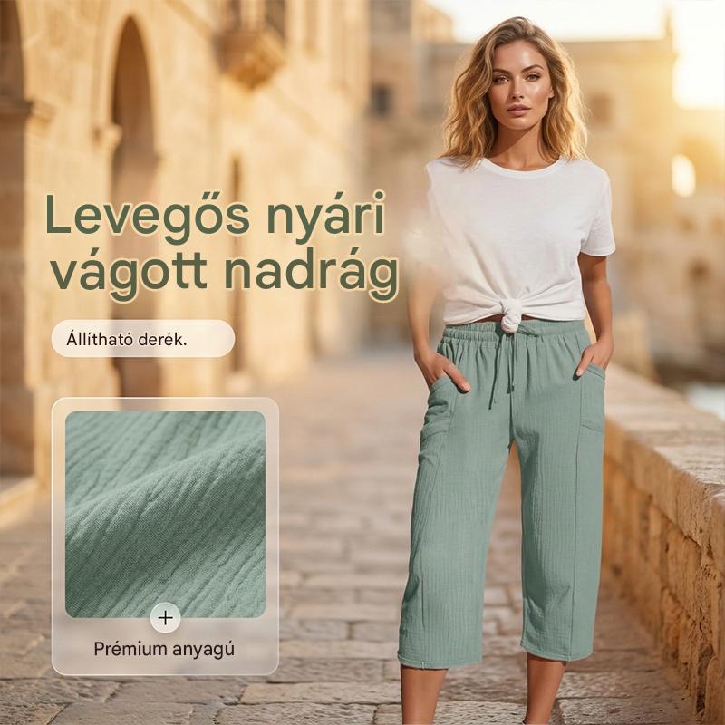 🌸【50% kedvezmény】Női egyszínű, ráncolt pamut-len hosszú (7/8-as) nadrág