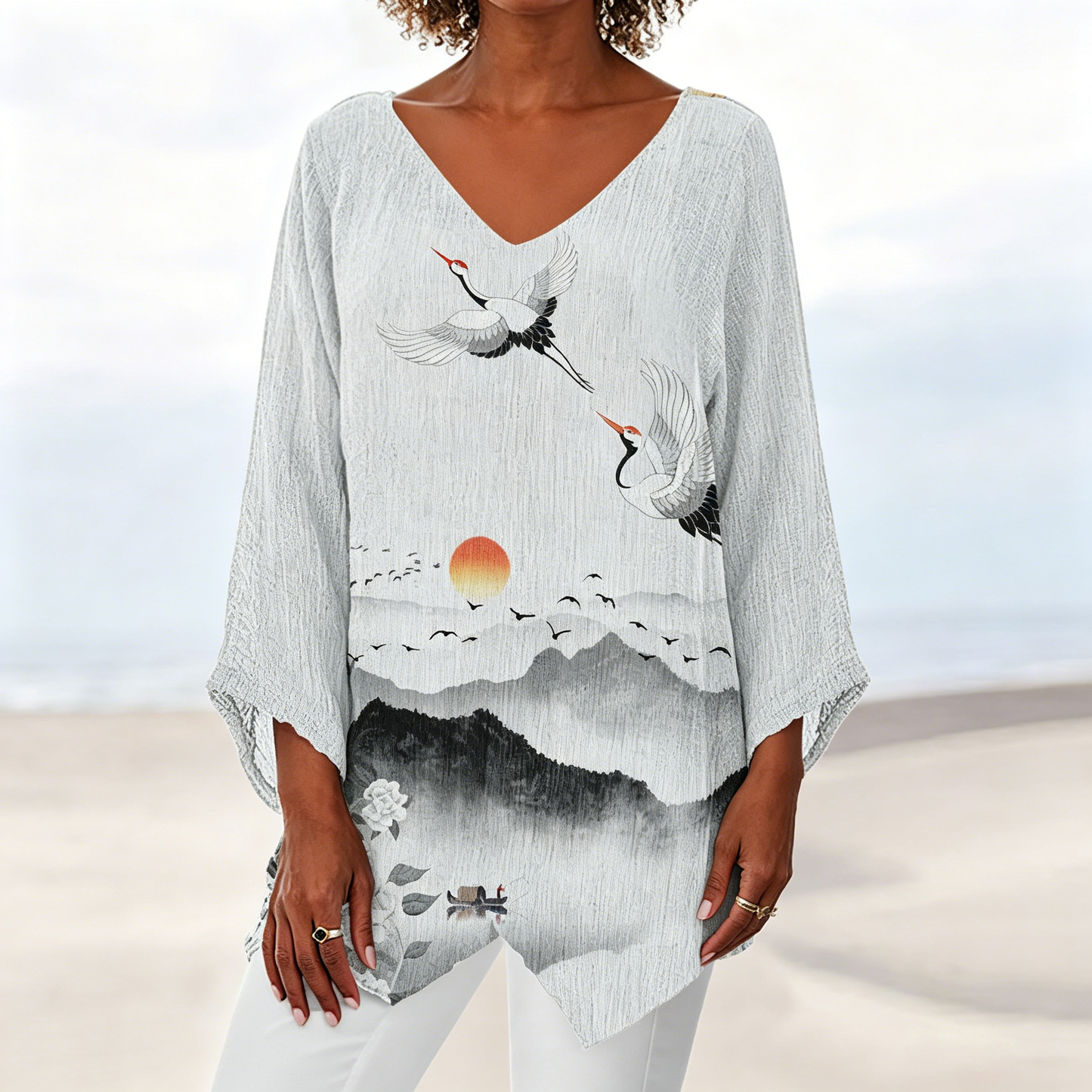 ⏳ Utolsó nap – 50% kedvezmény 😍【S~5XL】Női V-nyakú mintás alkalmi hosszú ujjú felső, 3/4 ujjú