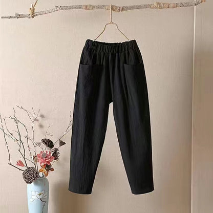 👖【50% kedvezmény】M-4XL vékony női egyszínű pamut-len alkalmi nadrág, rugalmas derékpánt、
