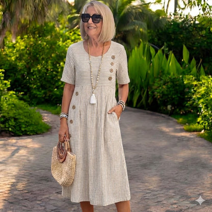 👗【40-100kg】Julia – Vestido midi a rayas ligero y vaporoso ✅️Pago contra entrega