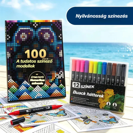 🛍️ Antistressz kifestőkönyv készlet "100 minta tudatos színezéshez" 🎨 Festés számok szerint felnőtteknek és időseknek | 100 minta (virágok, mandalák) + filctollkészlet mellékelve, agytorna és relaxáció