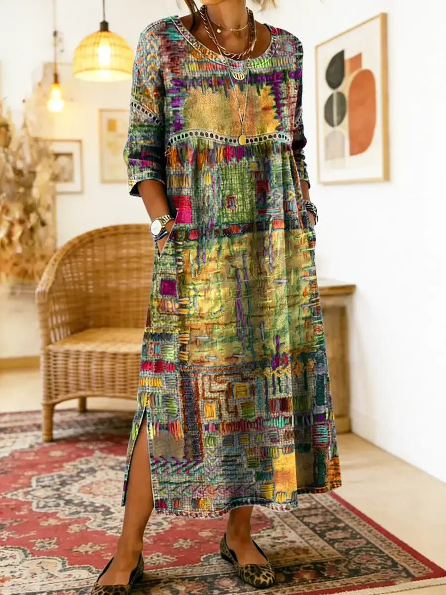 💟【S–5XL】Női ruha tiszta pamutból, etnikai mintával, patchwork kivitelben, csipkés szegéllyel