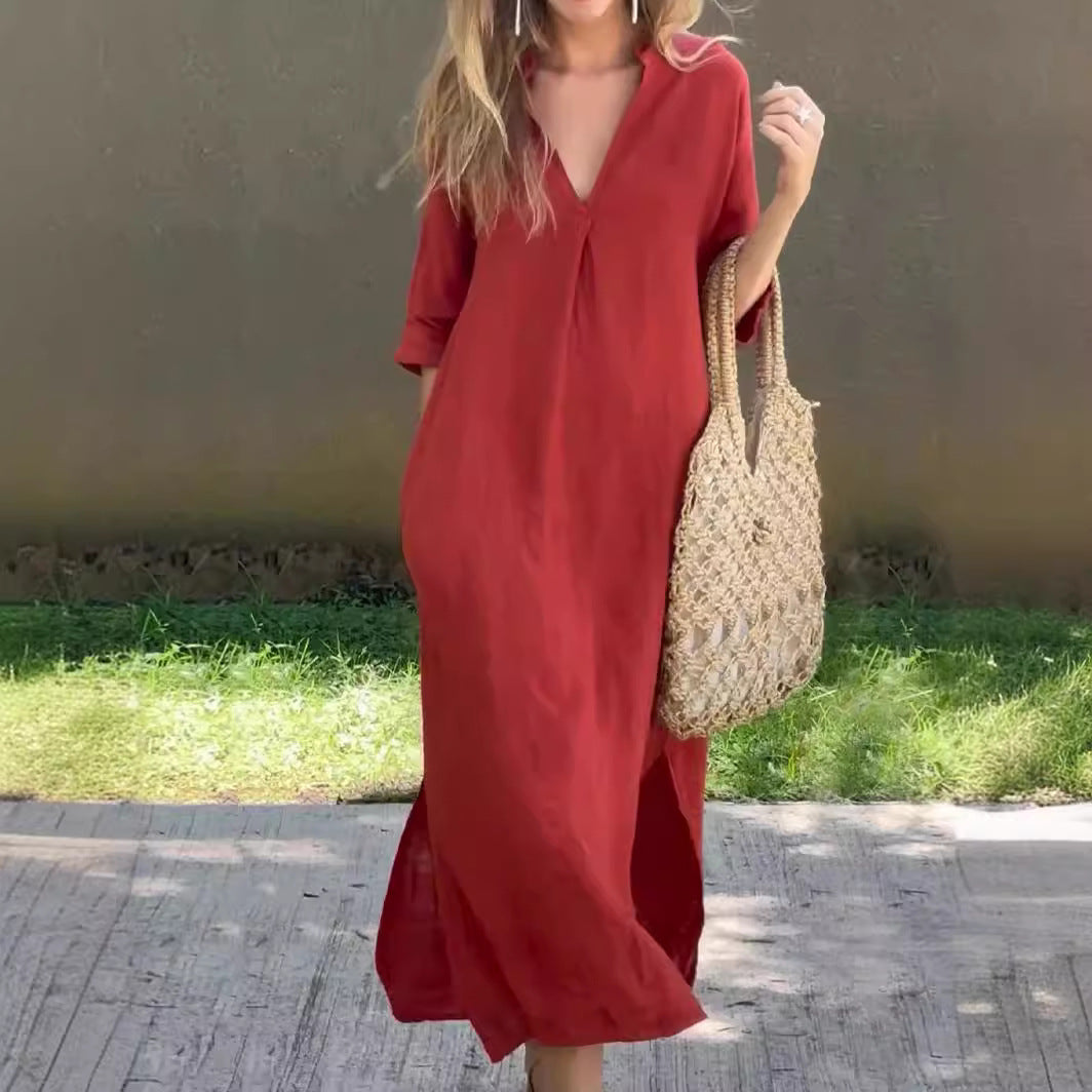 ✨👗【S–3XL】Hosszú, V-nyakú, hasítékos vászonruha, kényelmes és könnyű nyári viselet.