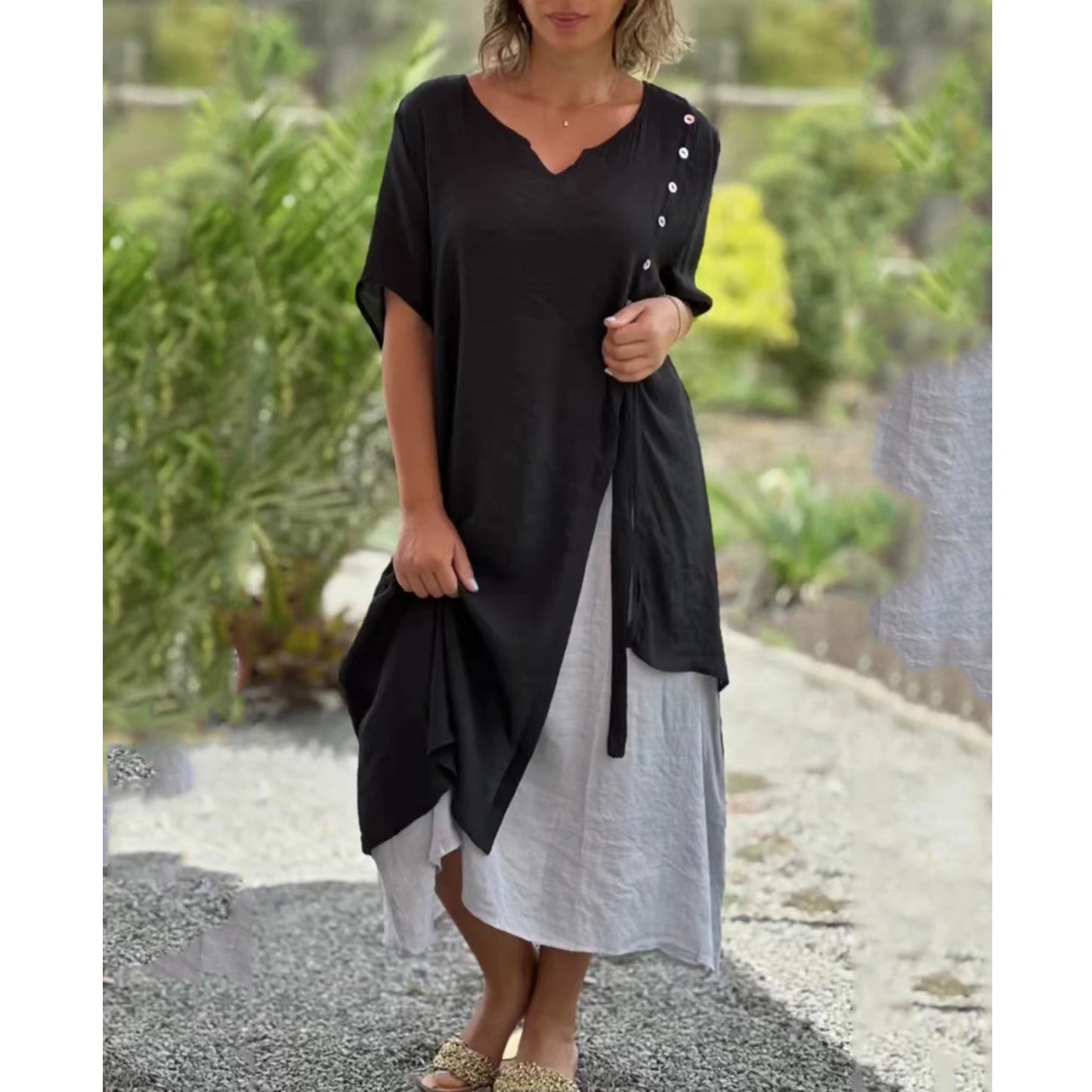 【S-4XL】Divatos V-nyakú hamis kétrészes szabálytalan ruha